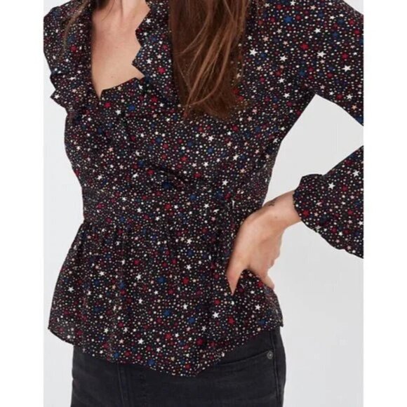 Madewell 100% Silk Ruffle-Hem Wrap Top in Starry Night Women's XS - Picture 3 of 11